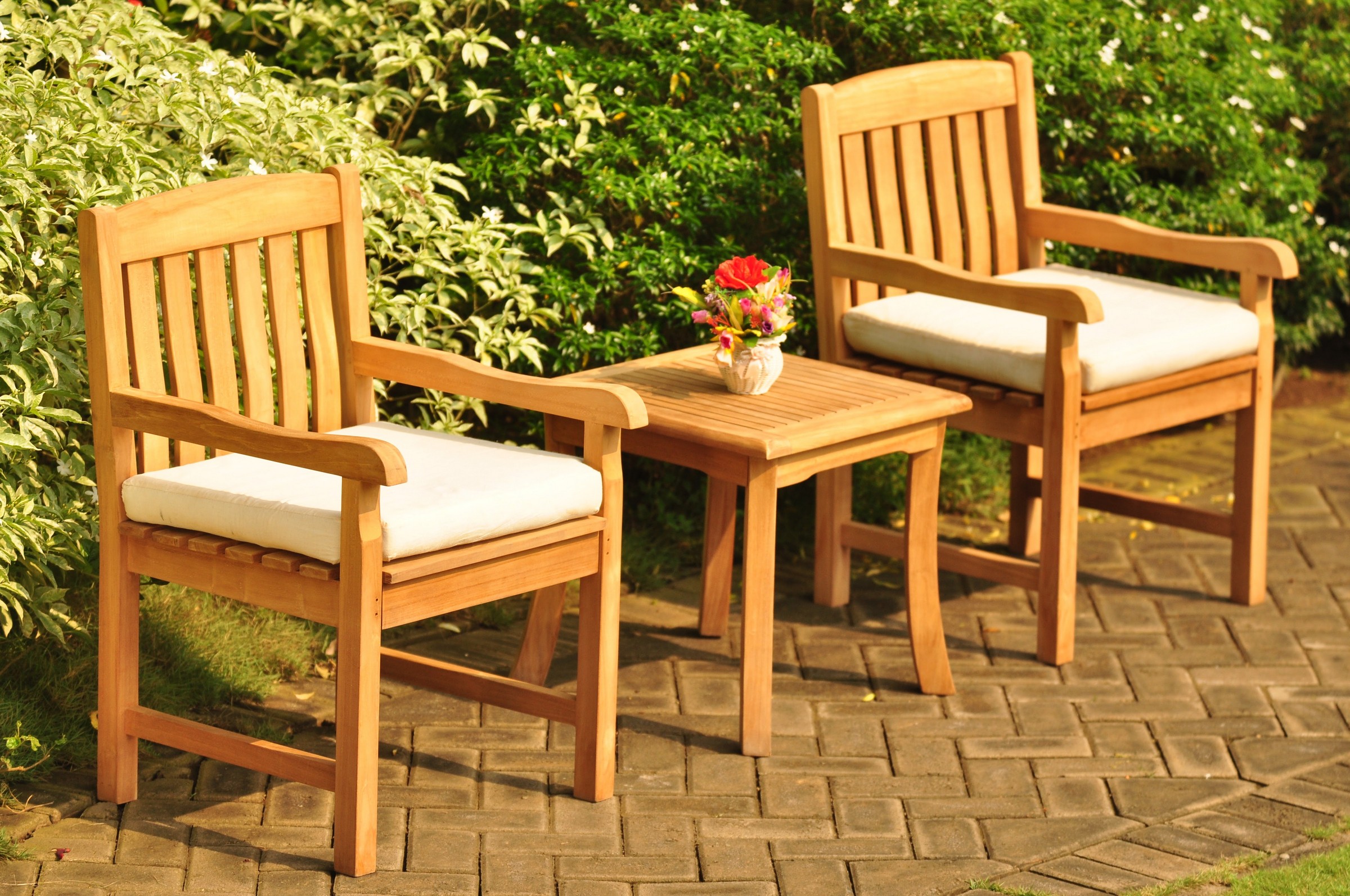 Teak Dining Set: 2 Seater 3 Pc: 21" Giva Square Side Table & 2 Devon Arm/Captain Chairs Outdoor Patio Grade-A Teak Wood WholesaleTeak #WMDSDVa - image 5 of 5