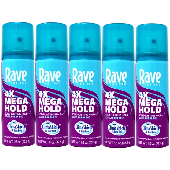 5 Pack - Rave 4X Mega Hold Hair Spray, All-Weather Protection, Travel Size, 1.5 oz