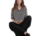 thumbnail image 5 of Suéter a rayas en contraste para mujer 2024 Otoño e invierno diseño de gama alta con cuello en V camisa de fondo de punto suelta top de manga larga para mujer, 5 of 5