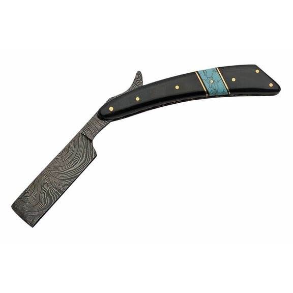 SANZ 6.25" Damascus Folding Razor – Horn & Turquoise Handle, Gold Lining, Handcrafted Design