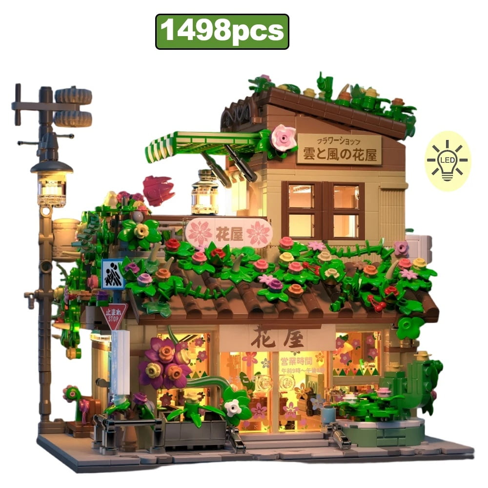 1498PCS Japanese Flower Shop Building Blocks Set with LED Lighting MOC City Street View House Architecture Model Collectible Bricks Toy for Adults Teens 14 Plus