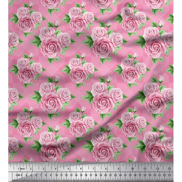 Soimoi Polyester Crepe Fabric Check,Leaves & Rose Floral Print Sewing Fabric Yard 42 Inch Wide
