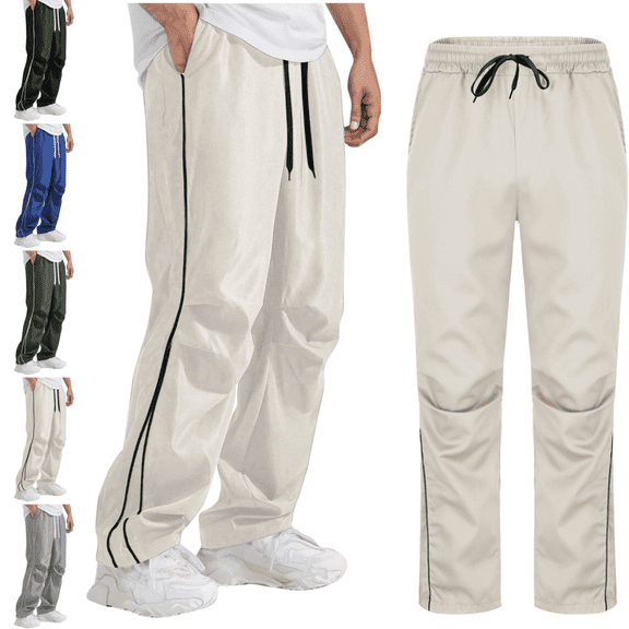 Mifsaly Mens Track Pants Side Striped Elastic Waist Drawstring Athletic Pant Lightweight Loose Fit Casual Workout Running Outdoor Outfits with Pockets Beige,S