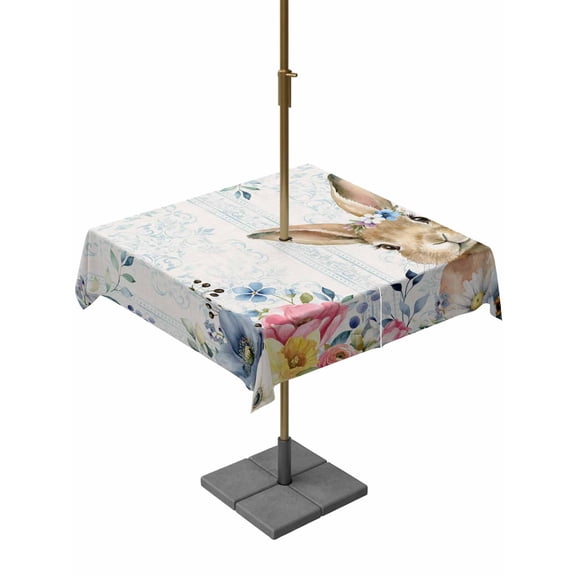 Outdoor Tablecloth with Umbrella Hole and Zipper, Bunny Easter Square Table Cloth 54x54 Inch Waterproof Tablecloth, Spring Floral Blue Leaves Watercolor Picnic Table Cover for Patio Camping