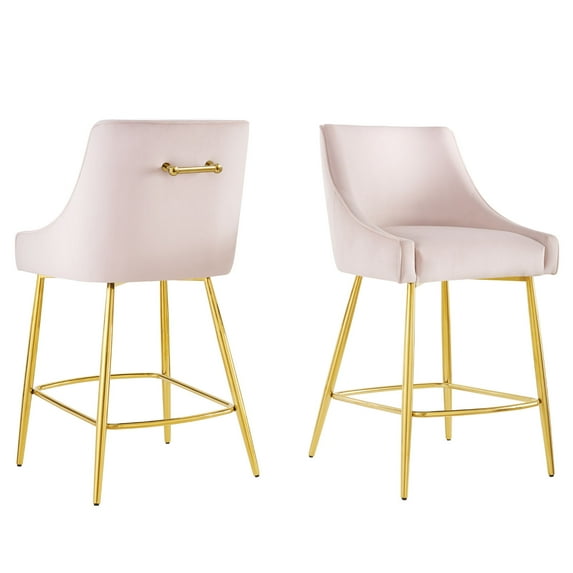 Counter Stool Chair, Set of 2, Pink, Velvet, Modern Contemporary, Mid Century Bar Pub Cafe Bistro Hotel Lounge Dining Kitchen