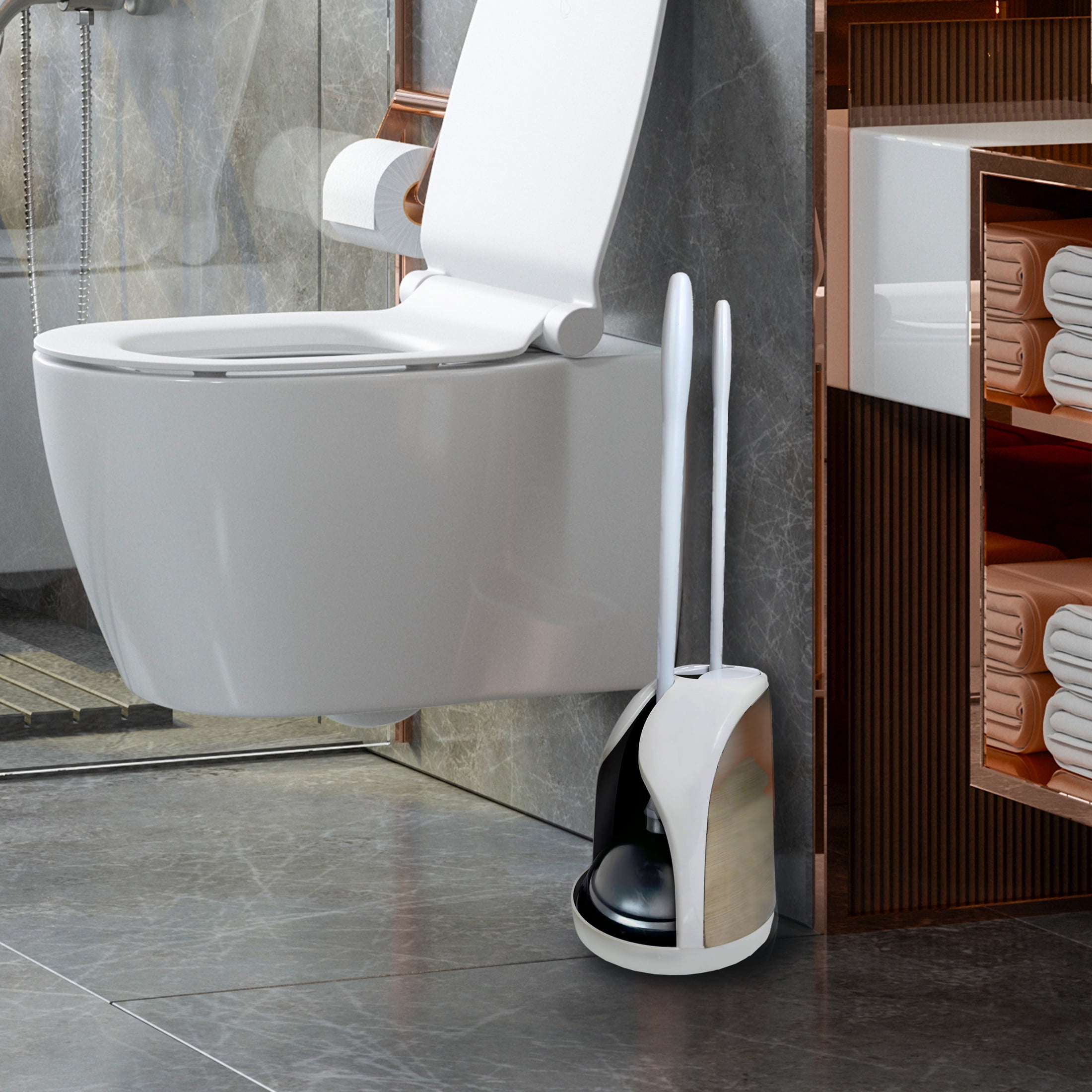 Dr. Rooter Freestanding Bath Caddy Set with Toilet Brush and Plunger, White and Brushed Stainless Steel, 1 Set