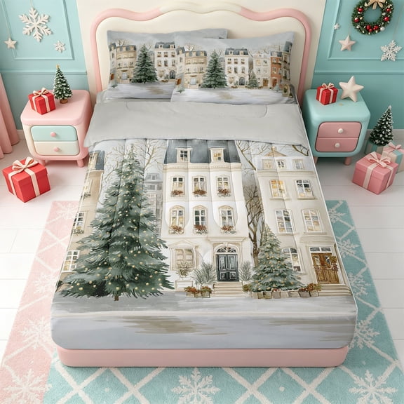 Erosebridal Winter Village Zipper Twin Comforter Sets with Fitted Sheet and 2 Pillowcases,Cozy Christmas Scene Zipper Bedding Set,Light Gray Reversible,4 Pieces