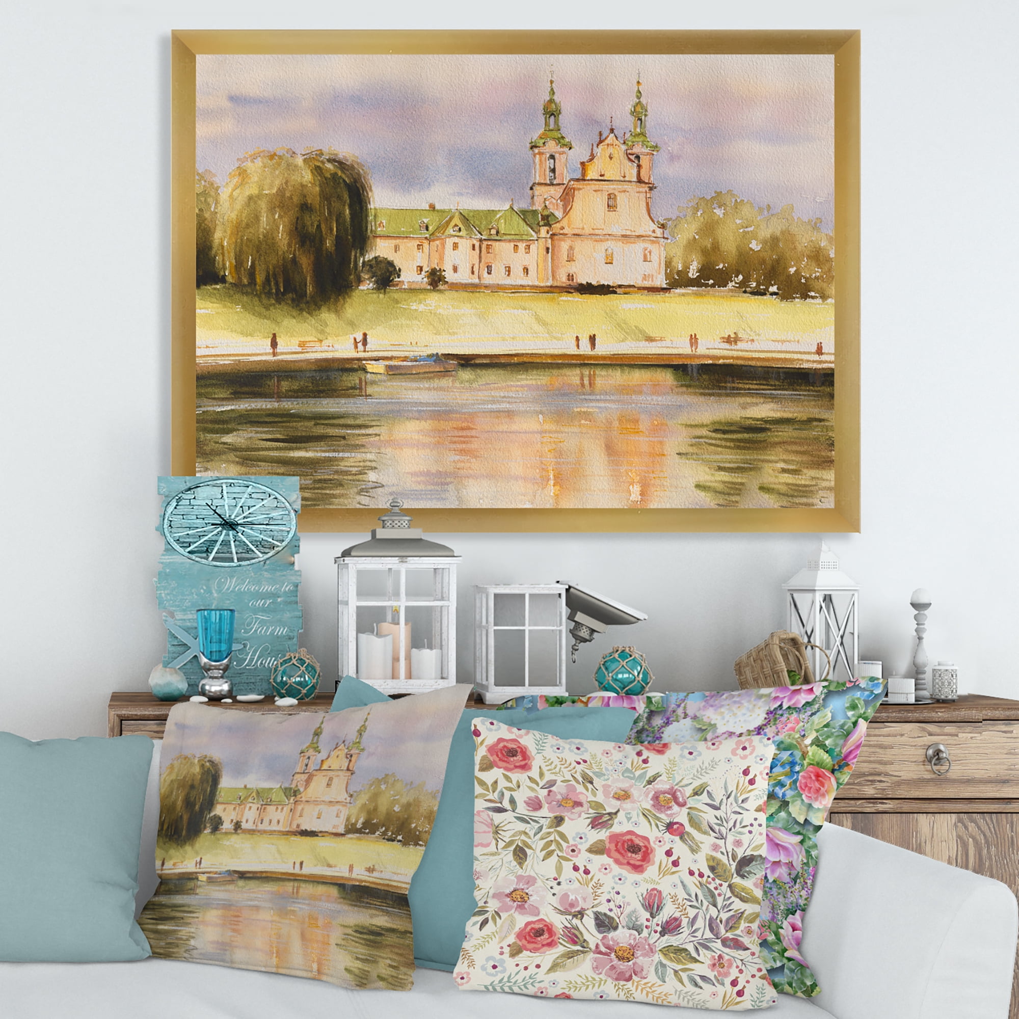 Designart 'Historical Church On The Rock On Banks of The River' Lake House Framed Art Print