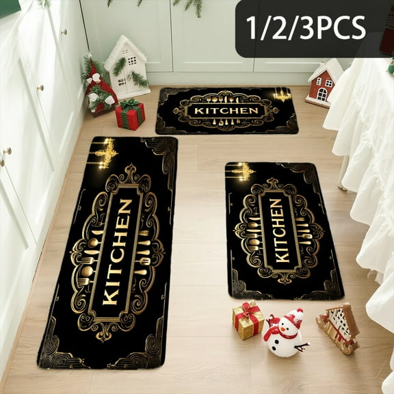 3PCS Kitchen Mat set, Welcome Door Flannel Rug,Home Decor for Front Door,Kitchen, Bathroom, Black Gold Kitchen Rug Design ,Great gift for Family and Friends.