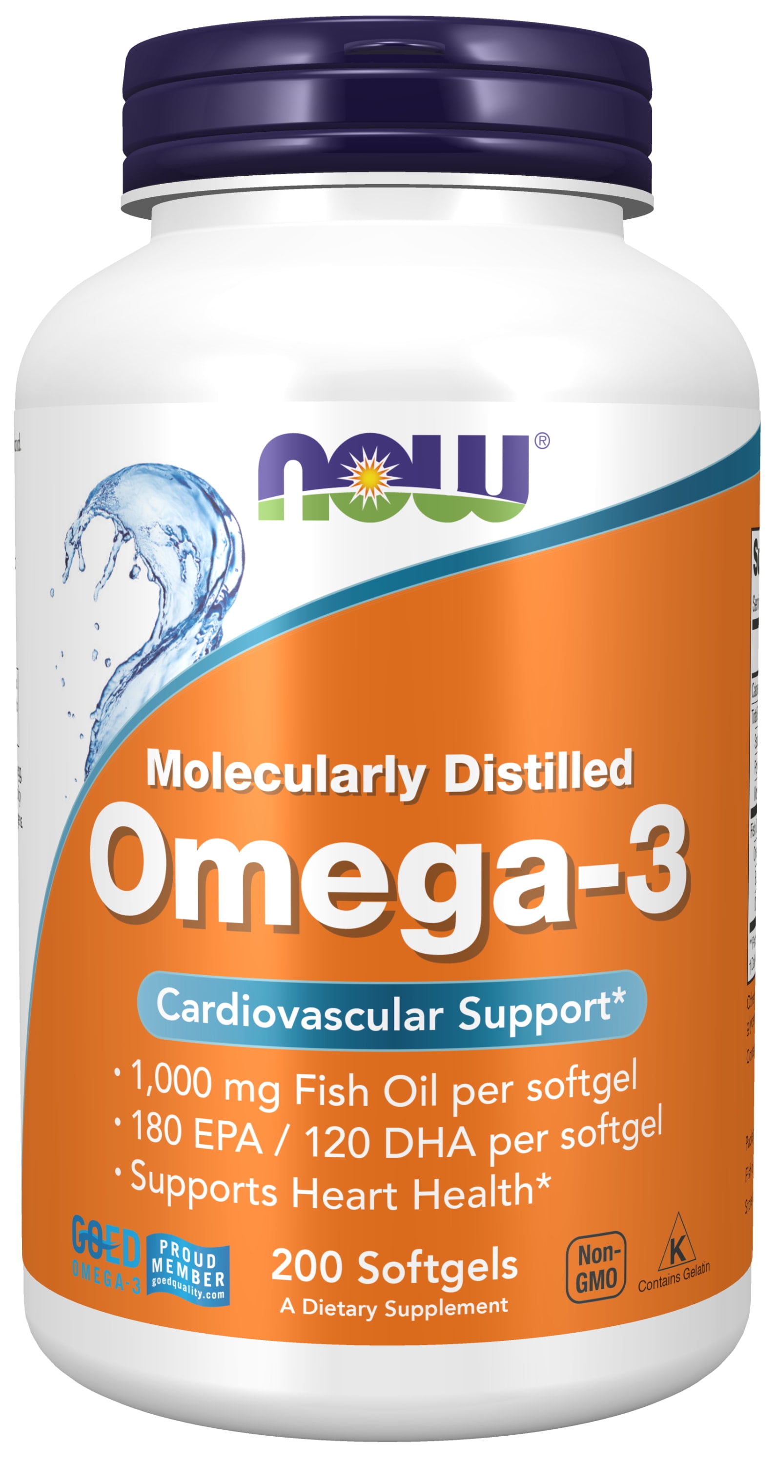 NOW Supplements, Omega-3 180 EPA / 120 DHA, Molecularly Distilled, Cardiovascular Support*, 200 Softgels