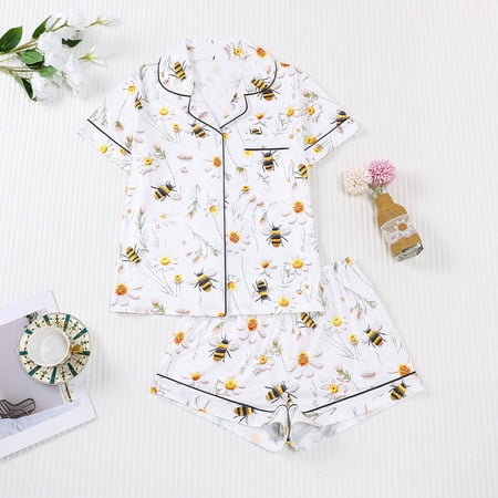 MAIHAN Summer Pjs for Women Set Short Sleeved Shorts Cute Printed Sleepwear Button Shirt and Elastic Waist Shorts Comfort Shirts and Shorts Loungewear(White#03 L)