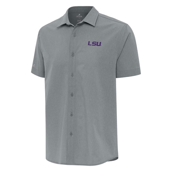 Men's Antigua  Gray LSU Tigers Activate Woven Short Sleeve Button-Down Shirt