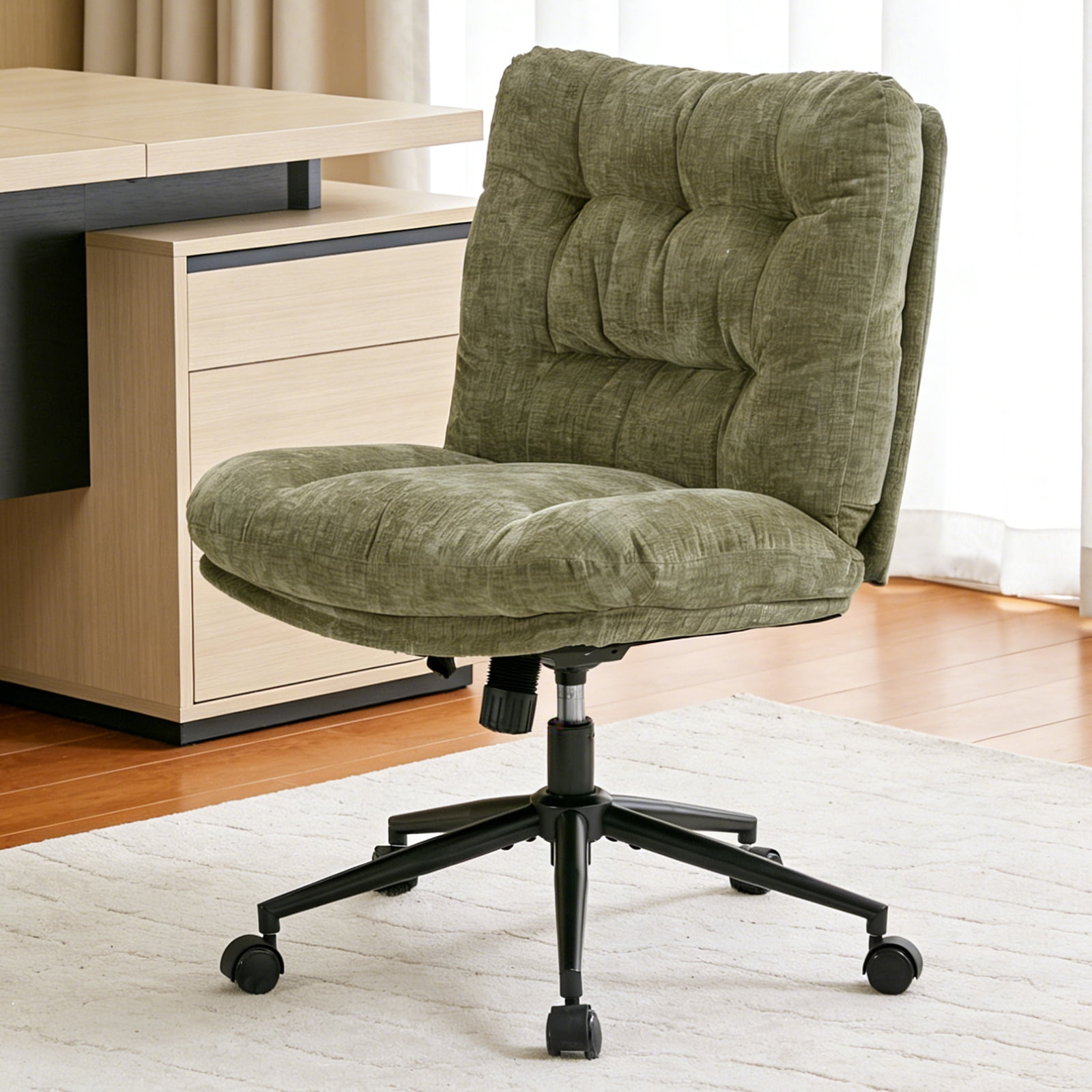 Soft Chenille Cross-Legged Office Chair, Wide Seat Armless Desk Chair with Double Cushion, Swivel Adjustable Vanity Chair for Bedroom, Home Office, Green,EliteEdge