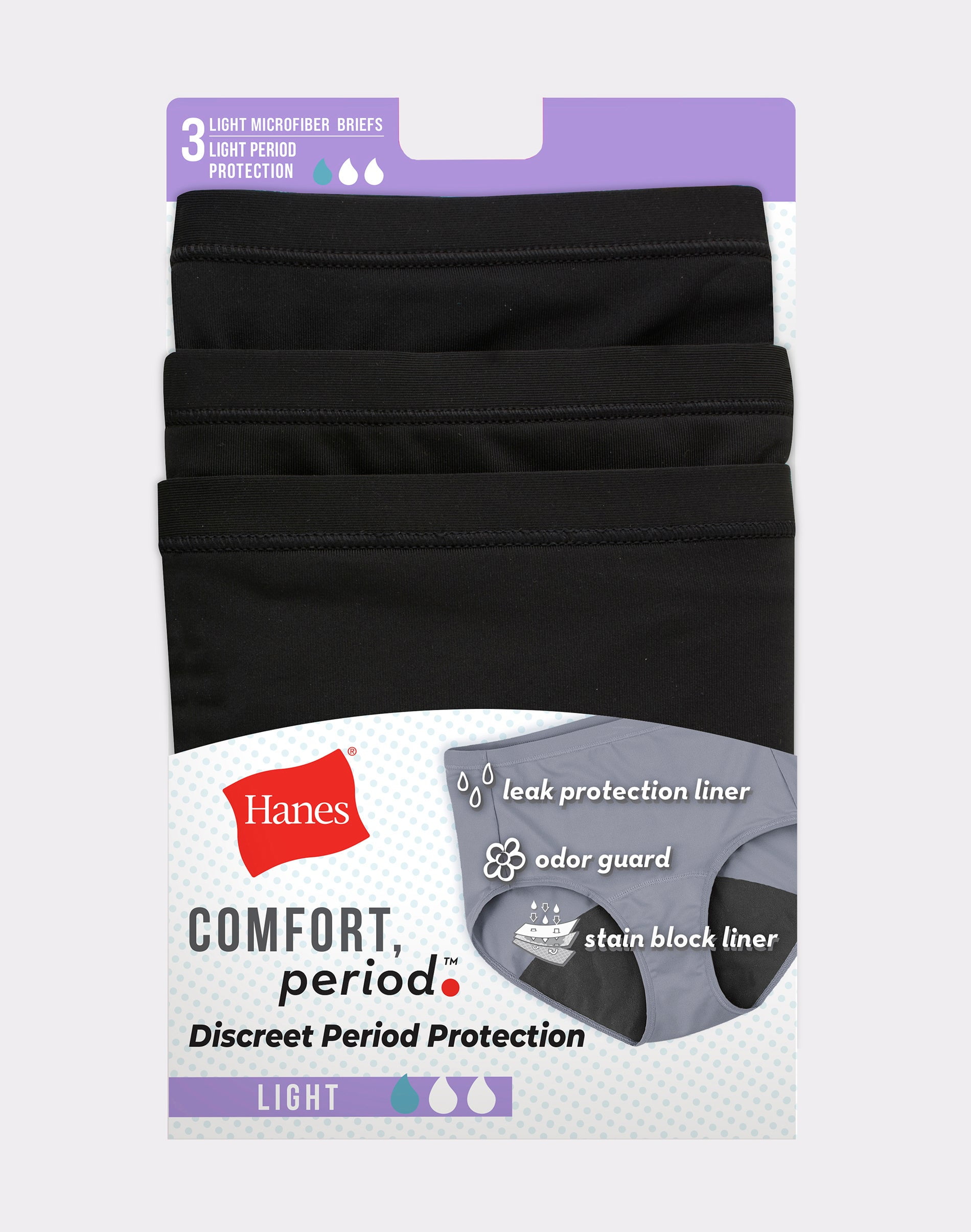 Just My Size Womens Fresh and Dry Leak Protection Liner All Black Brief  3-Pack