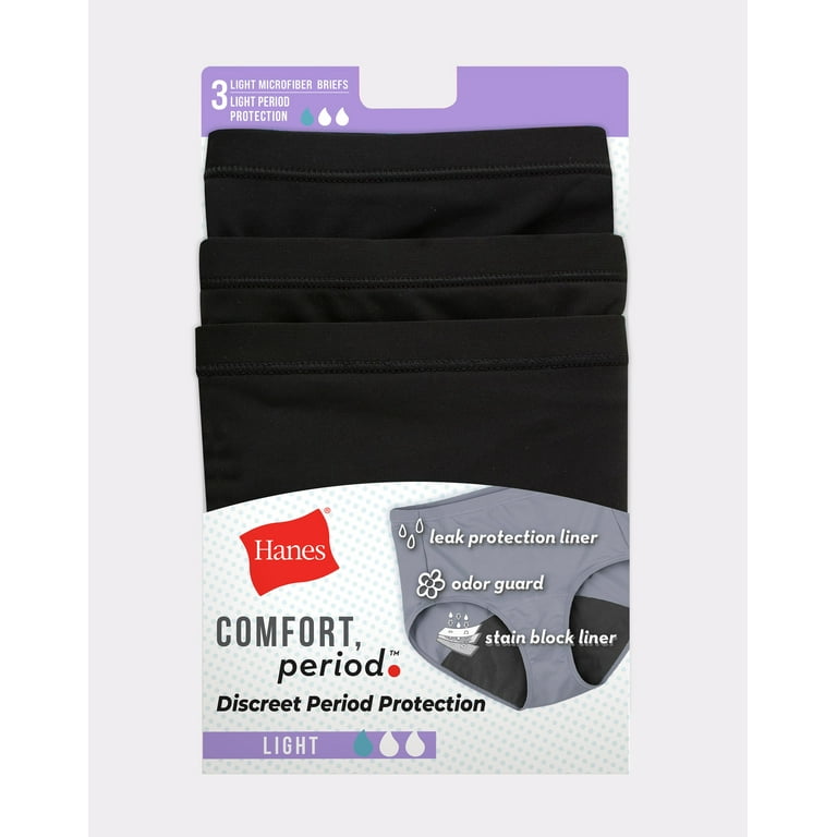 Hanes Comfort, Period. Women's Brief Period Underwear, Light Leaks, Black,  3-Pack