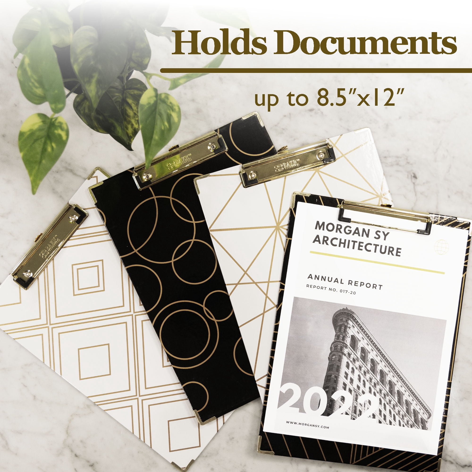 BAZIC Paperboard Clipboard Standard Size Geometric Gold Low Profile Clip, 4-Pack