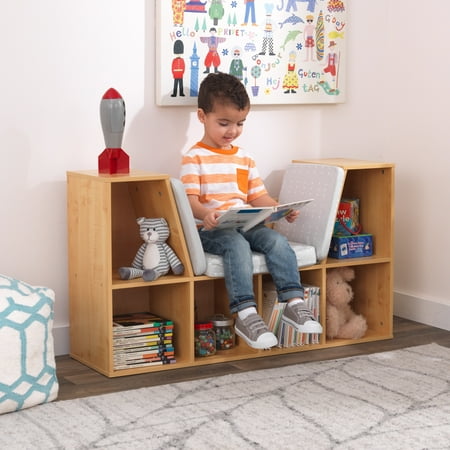 KidKraft Kids Wooden Reading Nook Library 6 Shelf Bookshelf Storage Bookcase with Padded Gray Fabric Bench Cushions, Natural Brown