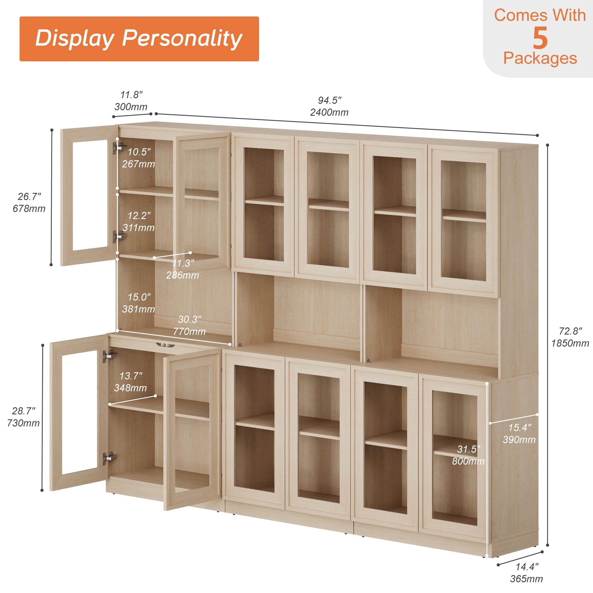 72" Tall Modern Sideboard Buffet Cabinet, Glass Door Storage Cabinet with Adjustable Shelves, Layered Wood Console Cabinet for Dining Room,Living Room, Entryway,Beige