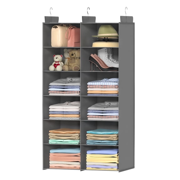 Hanging Closet Organizer Dual Row, 6 Tier Foldable Shelves, Space Saving Storage for Clothes, Shoes, Toys, Dorm, Bedroom, Closet, Grey