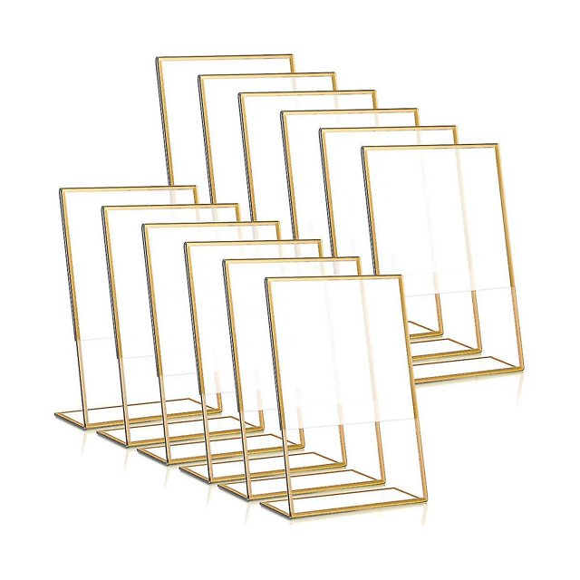 12 Uds. Soporte de letrero acrílico con marco dorado, soporte para números de mesa de boda, menú inclinado, soporte de doble cara, 4