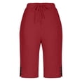 thumbnail image 5 of Women's Cotton Linen Shorts, High Waisted Wide Leg Knee Length Casual Shorts with Pockets and Side Split, Elastic Drawstring Beach Shorts for Summer Vacation and Daily Wear Red S, 5 of 6