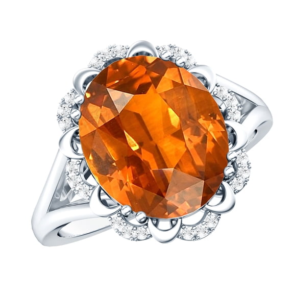Rosec Jewels Lab Grown Orange Sapphire Vintage Inspired Ring with Diamond - 10X12 mm, 925 Sterling Silver, US 4.00