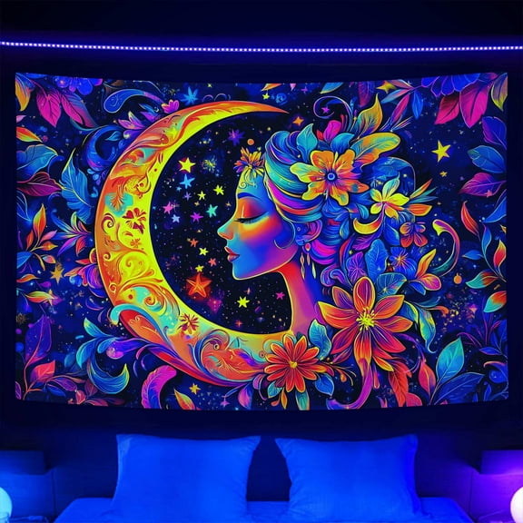 Blacklight Moon and Star Tapestry, UV Reactive Elegant Goddess Mandala Moon Sun Tapestry Starry Night Tapestries Wall Hanging for Bedroom Dorm Decor