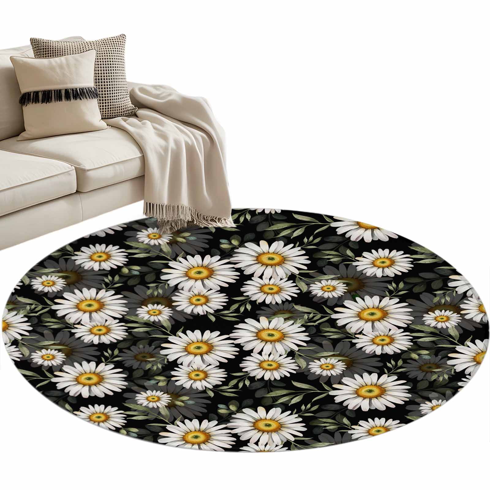 Round Area Rug-3ft White Daisy Flower Green Leaves Non Slip Washable Circle Carpet Soft Large Floor Rugs for Living Room Bedroom Nursery Office
