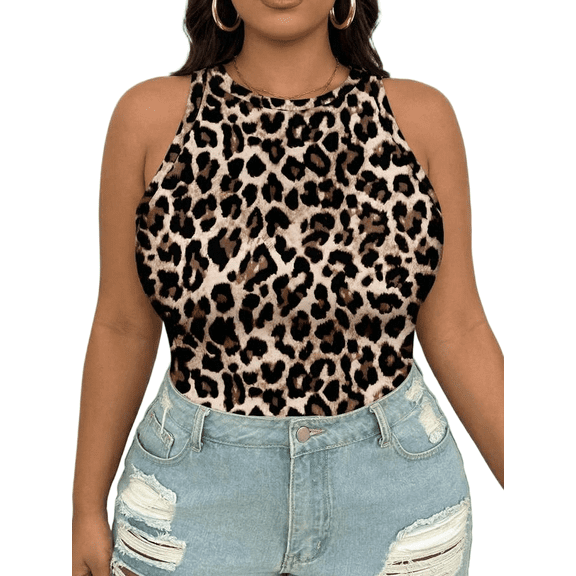 Cuteduck Women's Tops Summer Sleeveless Crew-Neck Plus Size Sexy Unique Leopard Print Casual Shirts 1X-4X