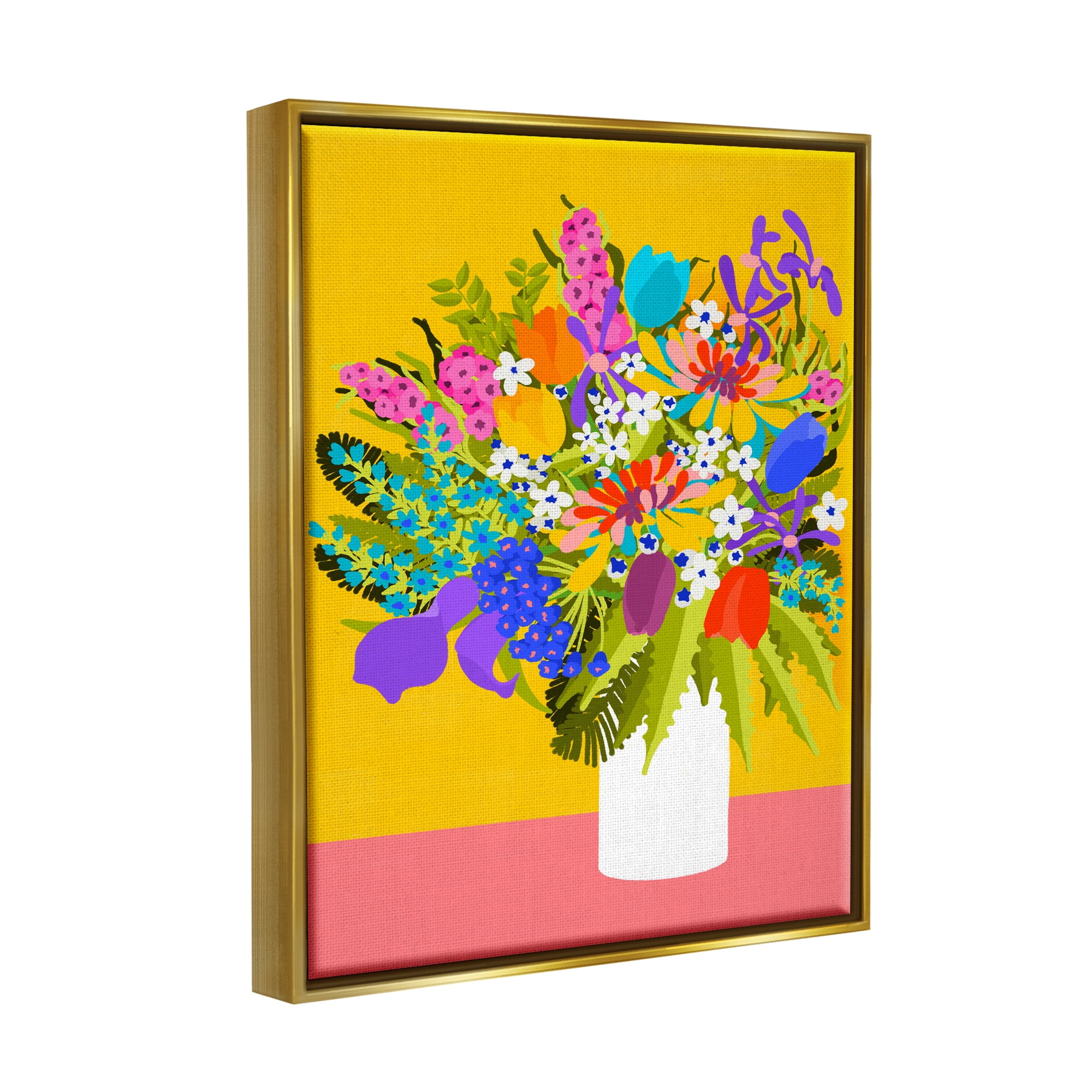 Stupell Industries Bouquet on Yellow Botanical & Floral Painting Gold Floater Framed Canvas Art Print Wall Art, 25 x 31