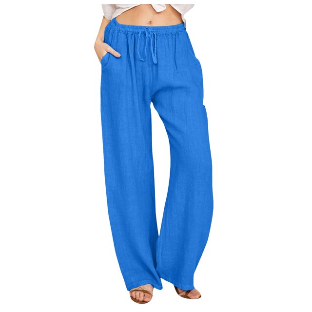 NECHOLOGY Women's Striped Wide Leg Drawstring High Waist Cotton Linen Pants, Blue, Size M