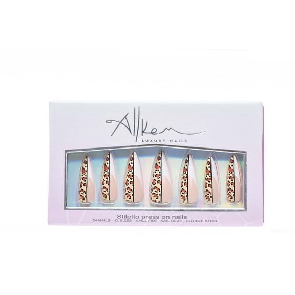 Allkem Leopard Print Sculpted Stiletto Press on Nails | Glossy Extra Long Stiletto| 10 sizes - 20 pcs Nail kit with Glue