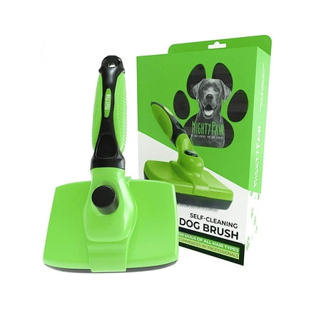 UPC: 0850007686918 | Mighty Paw Dog Grooming Brush | Durable Self-Cleaning Pet Brush. 100% Stainless Steel Soft Bent Bristles. Great For Removing Hair Mats & Tangles. Soft Ergonomic Handle For Extra Comfort