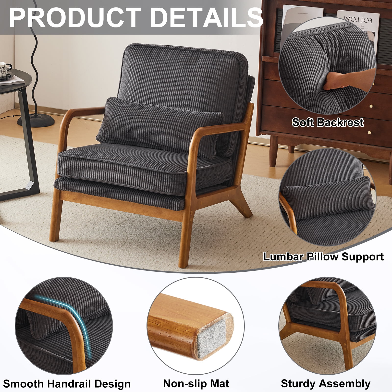 Ktaxon Accent Chair Corduroy Upholstered Armchair, Reading Club Chair with Pillow and Solid Wood Frame for Living Room Bedroom Furniture Dark Gray