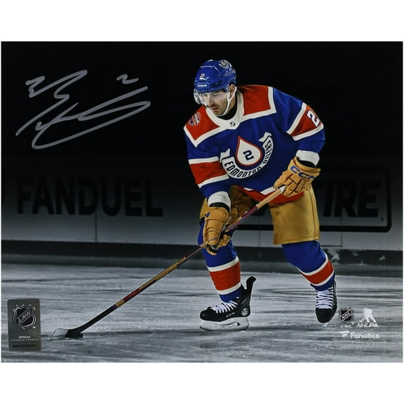 Evan Bouchard Edmonton Oilers Autographed 8" x 10" 2023 Heritage Classic with Puck Photograph - Fanatics Authentic Certified