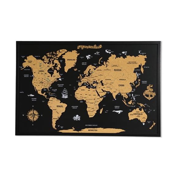 Colorfull Worlds Framed Cork World Map Wall Art, Travel Pin Board, 1-Piece Design, Black, M 24x37