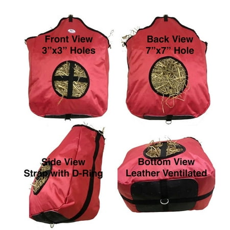 Majestic Ally Nylon Hay Feeder Tote Bag for Horse  Goat  Sheep - Double Sides Open Feed Hole with Faux Leather Ventilated Bottom - Simulates Grazing - Reduces Waste