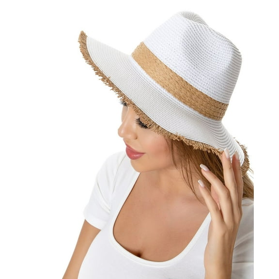 Raw Edged Wide Brim Teardrop Crown Straw Hat 2-Toned Distressed White