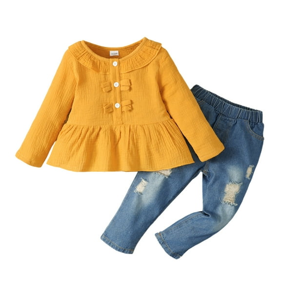 2T Baby Girls Clothes 3T Girls 2PCS Denim Outfits Set Solid Color Round Neck Toddler Girls Long Sleeve Top Denim Pants Set Yellow