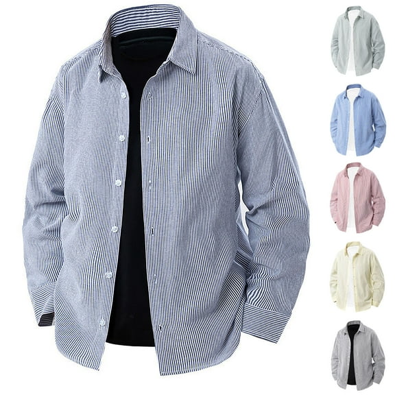 Afuyipoi Men Vintage Button-Up Shirts,Casual Long Sleeve Lightweight Business Collar Stripe Shirt Blue 2XL