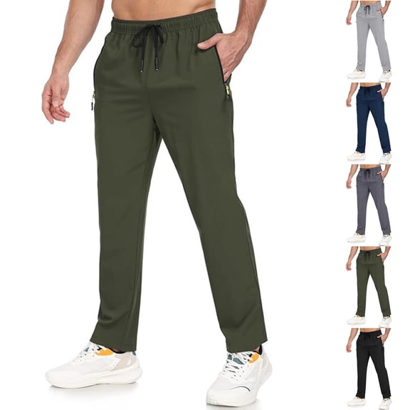 Men's Elastic Waist Hiking Pants Water Resistant Quick-Dry Lightweight Outdoor Sweatpants with Zipper Pockets Army Green XL