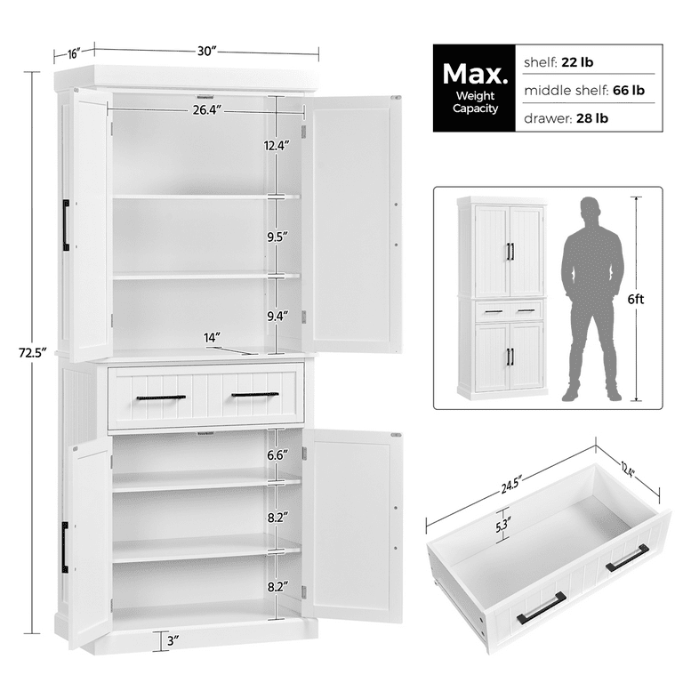 HOMCOM 41 Kitchen Pantry, Modern 2-Door Kitchen Storage Cabinet with  5-Tier Shelving, 12 Spice Racks and Adjustable Shelves, White