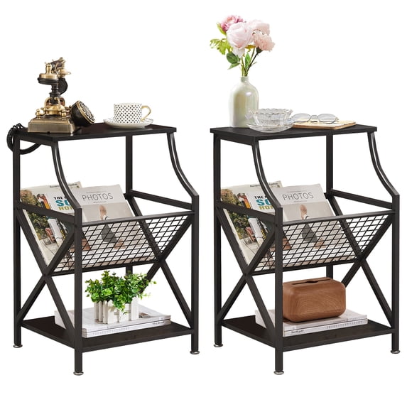 VECELO Set of 2 Side Tables for Living Room, Industrial End Table Bedside with Magazine Rack, Black