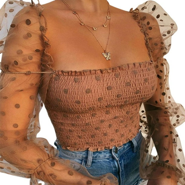 Women's Polka Dot Sheer Mesh Long Puff Sleeve Shirt Tops Casual Crop Top  Blouse 