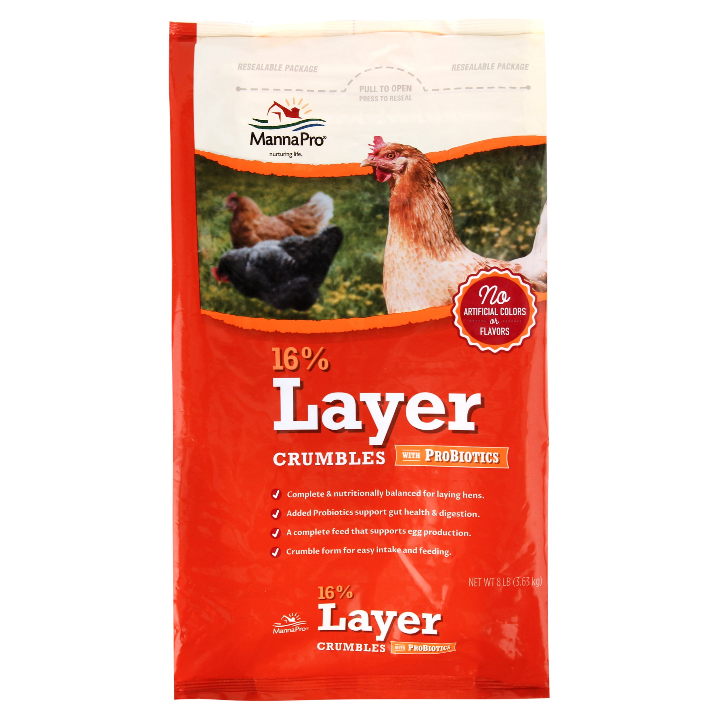 Manna Pro 16% Layer Crumbles Chicken Feed with Probiotics for Laying Hens - 8 lb Bag