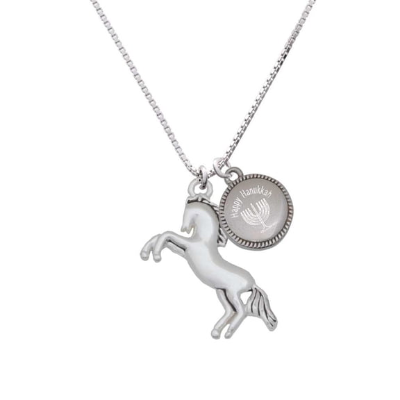 Silvertone Large Rearing Horse - Happy Hanukkah Menorah Necklace