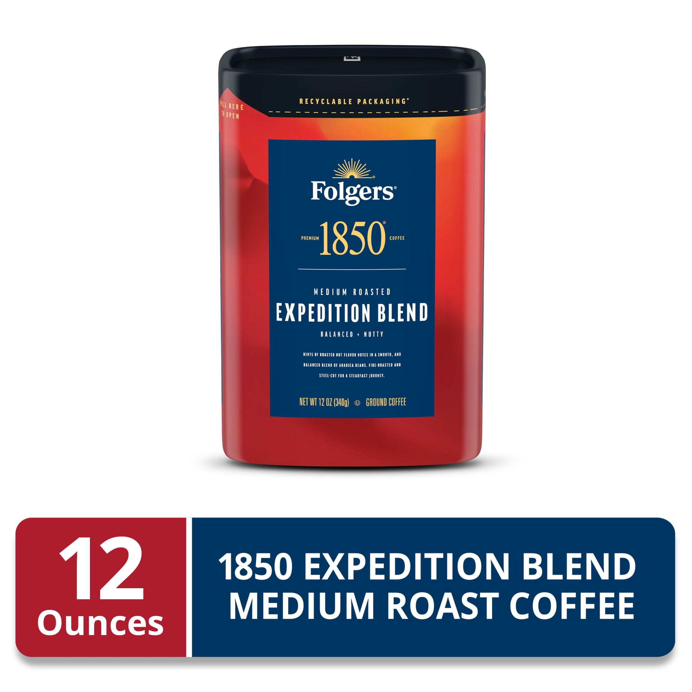 (6 pack) Folgers 1850 Expedition Blend Medium Roast Coffee, 12 oz Recyclable Canister