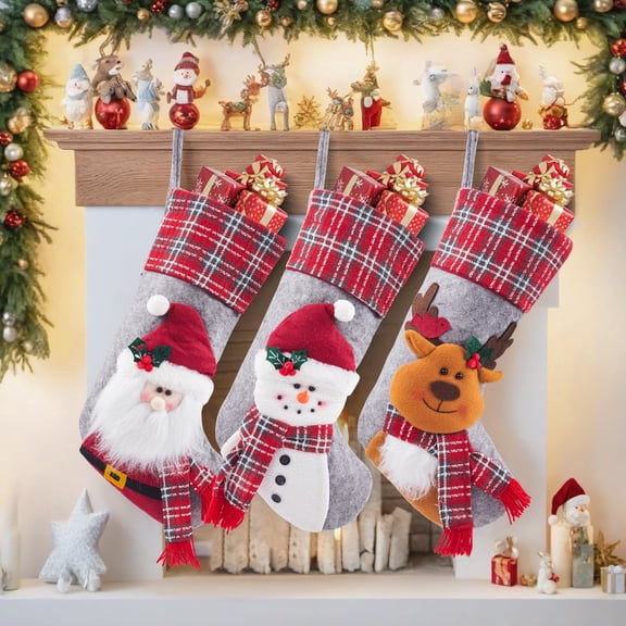 3-Piece Christmas Stockings Set, Santa, Snowman and Reindeer Plush Stockings with Buffalo Plaid Cuffs for Fireplace, Mantel and Holiday Decor