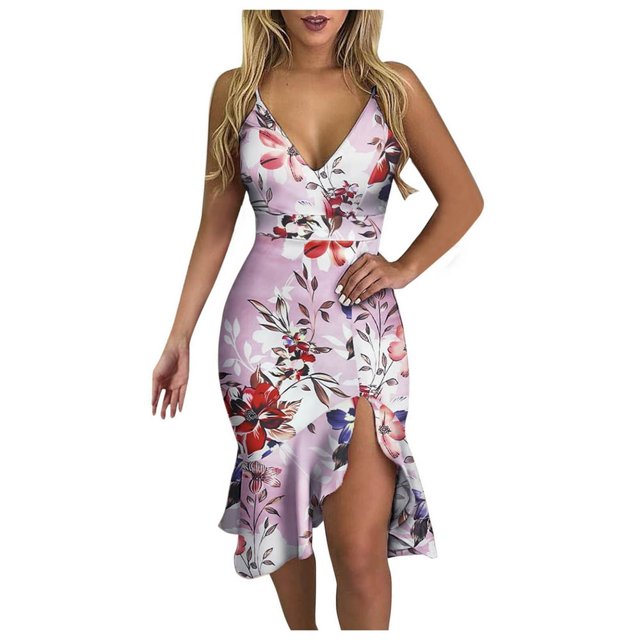 Robe d'Été Sans Manches à Col en V Imprimée Décontractée à Volants pour Femmes