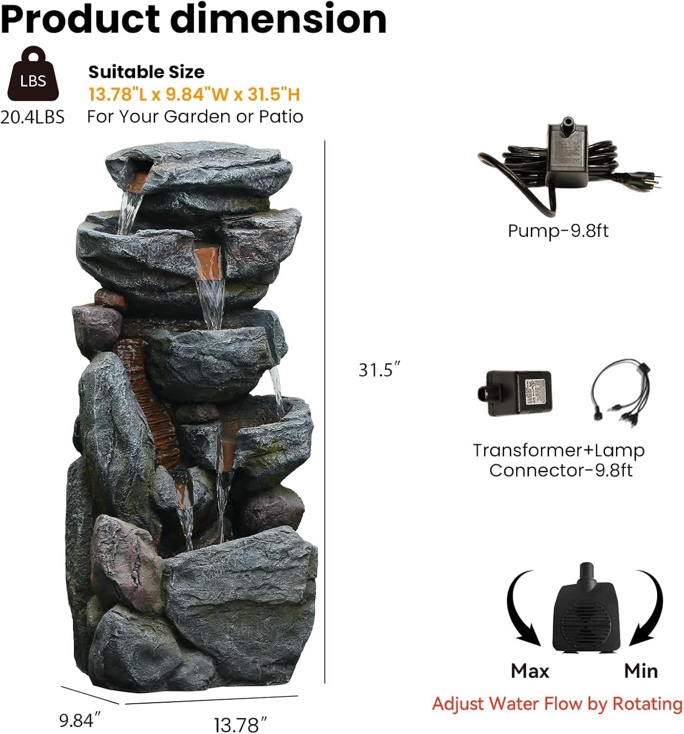 Rock Water Fountain Outdoor 6-Tiers Waterfall Fountain with LED Lights for Garden, Living Room, Patio, Home Decor